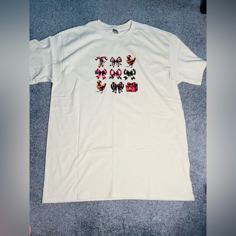 NEW Christmas chickens and bows Shirt, Sz. LG, gift, fun, women’s, cute - Picture 2 of 4